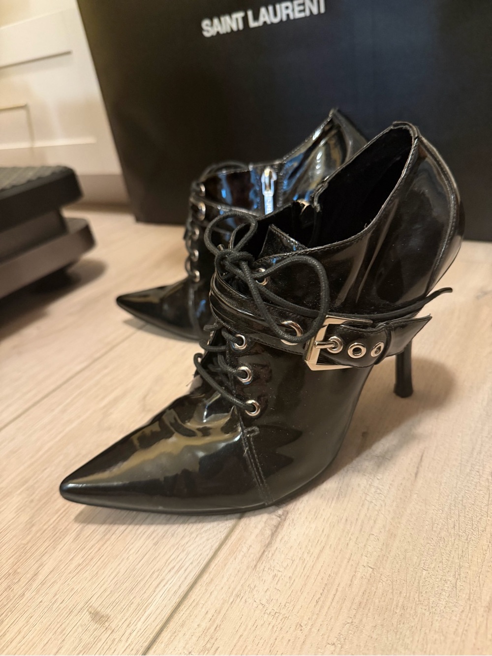 GUESS Black Patent Pointed Lace-Up Ankle Boots - Picture 2 of 6